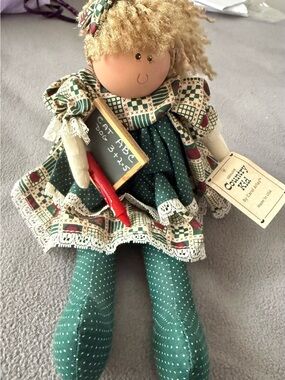 Vintage Country Kids Tagged Handmade Doll with Green and Red Pattern